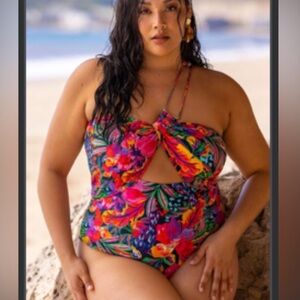 Eloquii Vibrant Floral Cutout Swimsuit